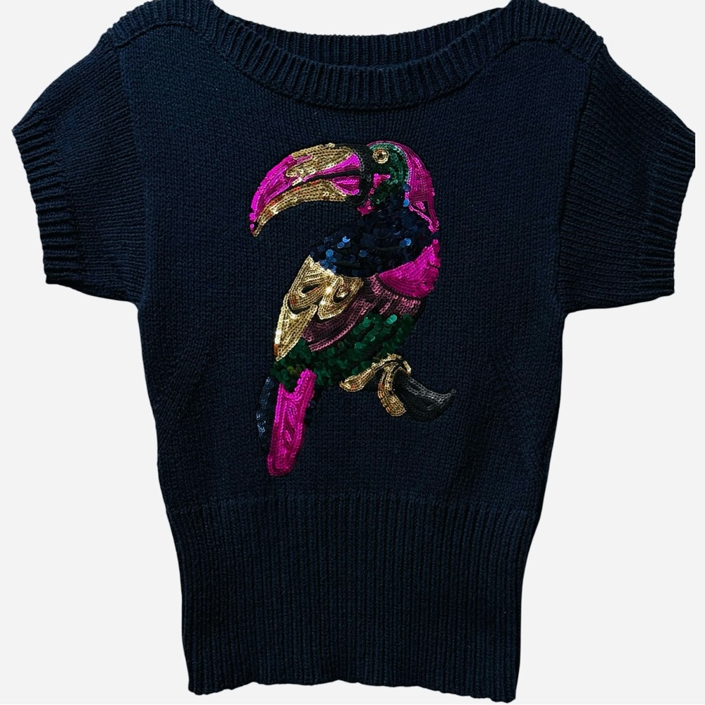 Juicy Couture VTG Deadstock Y2K Navy Sequin Toucan Knit Top Sweater Shirt‎ S